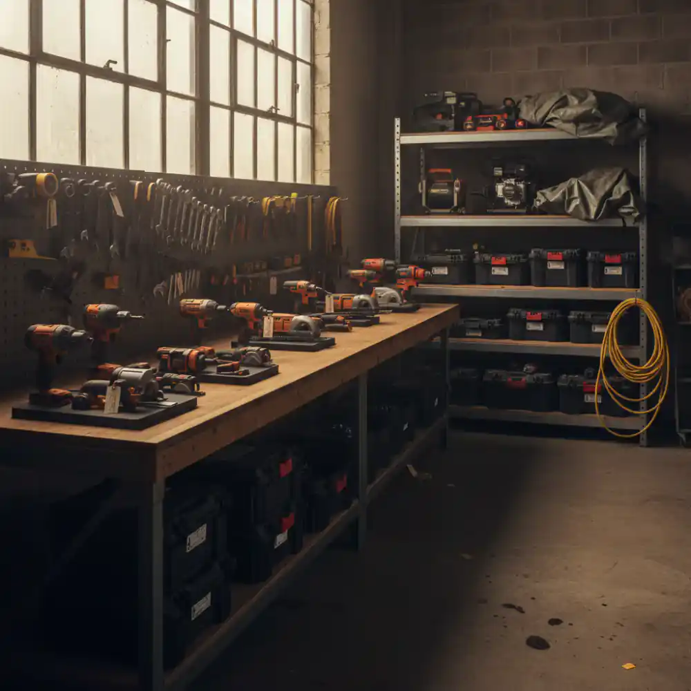 Organized workspace with rental tools