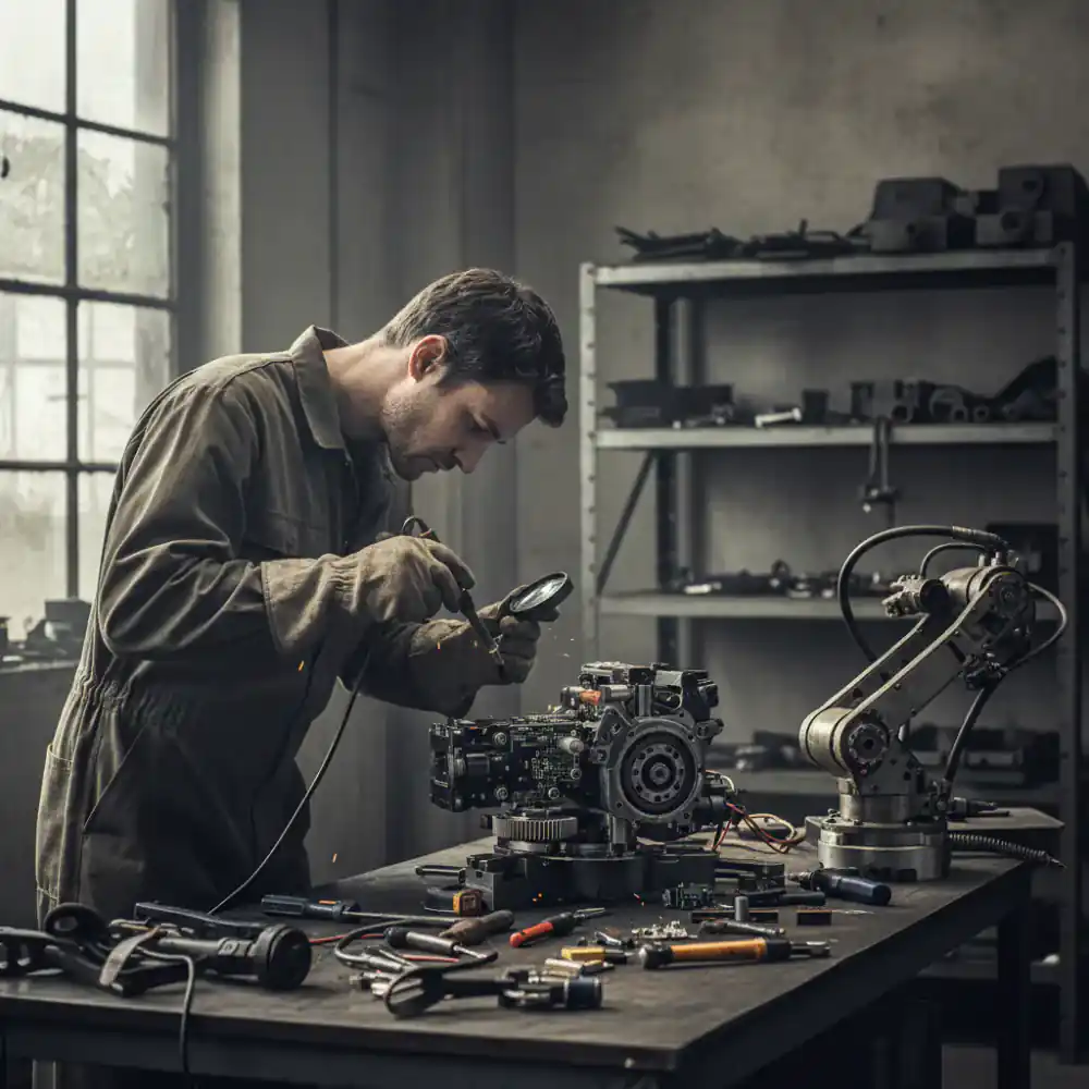 Technician inspecting equipment on a workbench