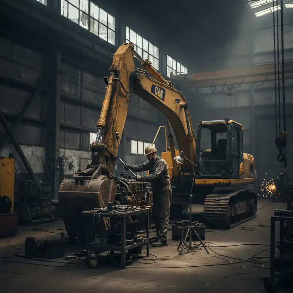 Mechanic servicing heavy equipment in a shop