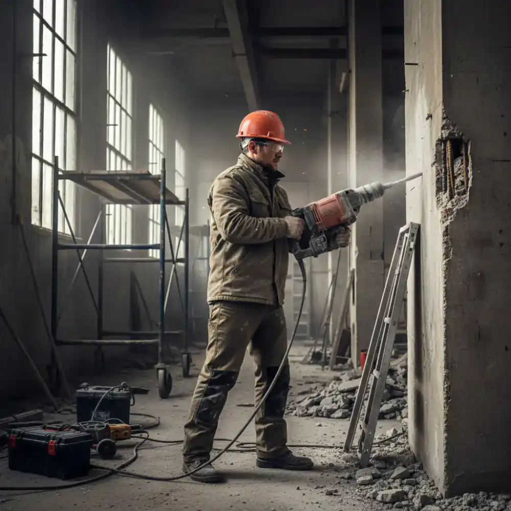 Worker using a rotary hammer efficiently