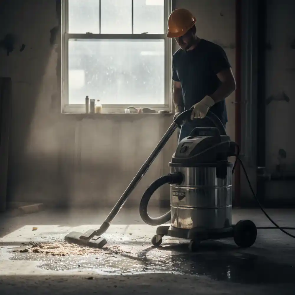 Industrial wet-dry vacuum effectively clearing a job site