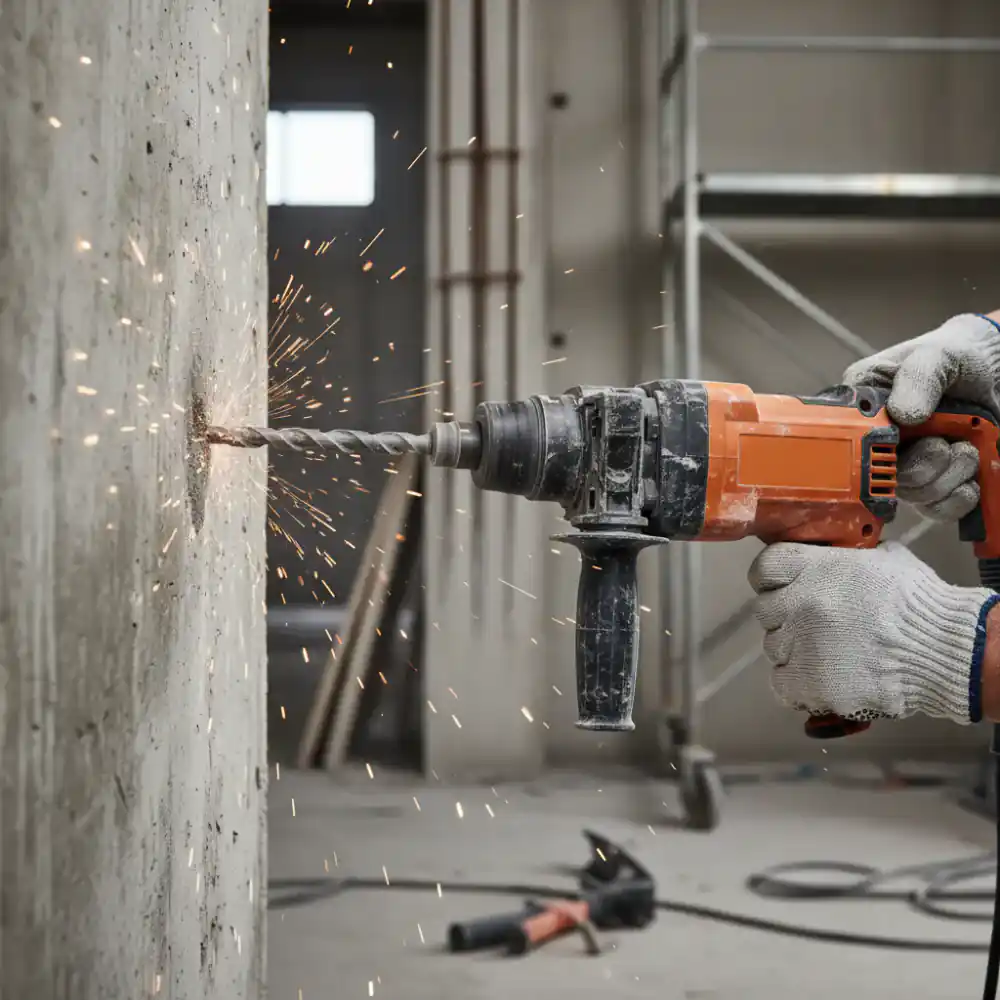 Close up photo of a professional rotary hammer in action